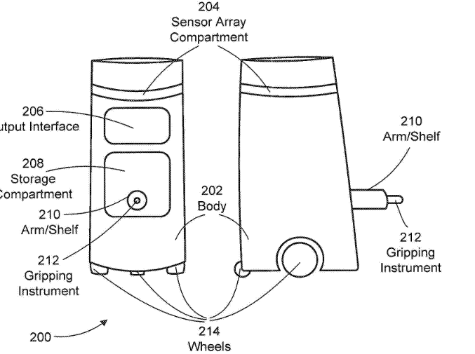 It’s a trash can empowered to decide if you get your commissary items or an electroshock. What could go wrong? image from the patent showing a cylindrical robot with a gripping arm, wheels, and a sensor