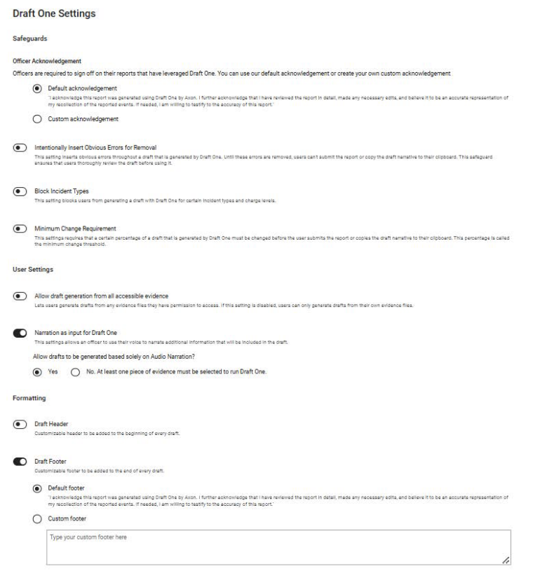 A screengrab of the settings menu within Draft One, with "Default acknowledgement," "Narration as input for Draft One, and "Default Footer" selected. A screengrab of the settings menu within Draft One, with "Default acknowledgement," "Narration as input for Draft One, and "Default Footer" selected.